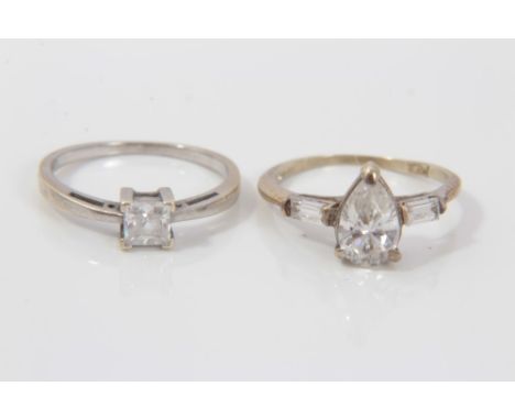 Two white gold (9ct) white stone ringsCondition report: Pear shaped stone ring size K, princess cut ring size K½. Total weigh