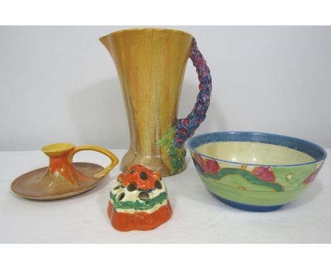 Collection of decorative porcelain to include a Clarice Cliff 'My Garden' pattern jug with drip glaze and floral handle, 24cm