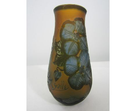 After Emile Galle - Art Nouveau cameo glass baluster vase decorated in relief with blue hibiscus flowers upon an orange groun