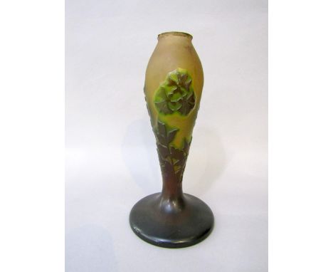 Galle French Cameo glass baluster lamp base, with olive green relief of foliage, 24 cm high (af chips in rim) 