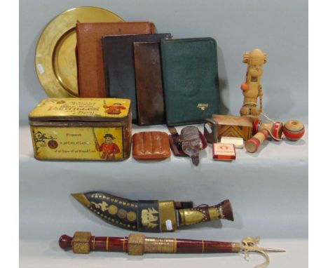 A small collection of folders, circular brass dish, a Kukri with Nepal mount, vintage tin for Gum Pastilles, a Scandinavian t