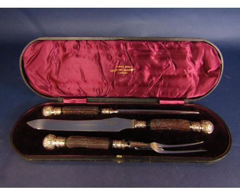 A Victorian cased set of carving tools with antler handles and embossed white metal mounts, the case marked Cross Brothers Cu