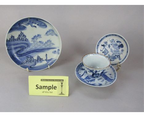 An interesting collection of 18th and 19th century blue and white oriental ceramics including a dish with landscape and bird 