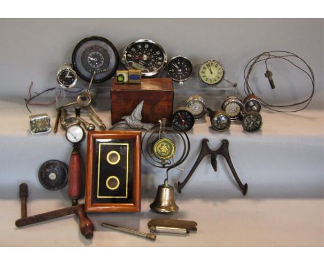 19th century servants bell box with ebonised glass, together with a joining bell, a 19th century walnut tea caddy and a box c