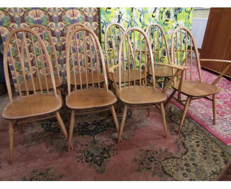 Set of eight Ercol Windsor high back light elm dining chairs, comprising four carvers (8) 