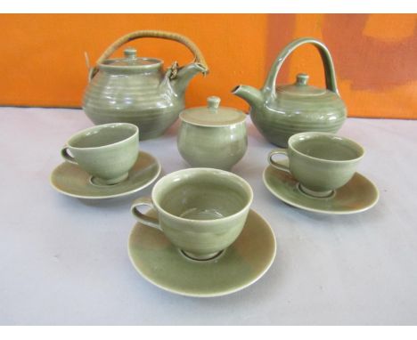 Harry Davis &amp; May for Crowan Pottery part tea service comprising teapot, lidded sucrier, three cups and saucers, all with