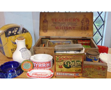 A collection of vintage adverting tins and packaging including Pal Toffee, Blue Bird Toffee, Teacher's Highland Cream, pine W