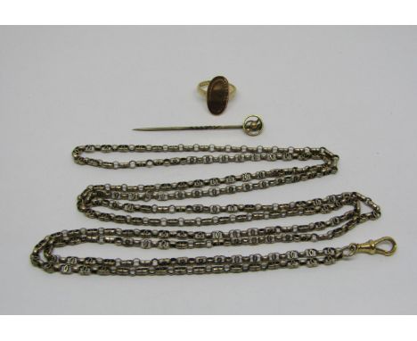 Mixed antique group comprising a 9ct lozenge shaped ring, size I/J, 2.4g, a long guard chain with associated 18ct Albert clas