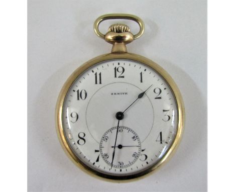 Vintage gold plated Zenith 17 jewel pocket watch, the enamel dial with Arabic numerals and subsidiary second dial, 50mm case,