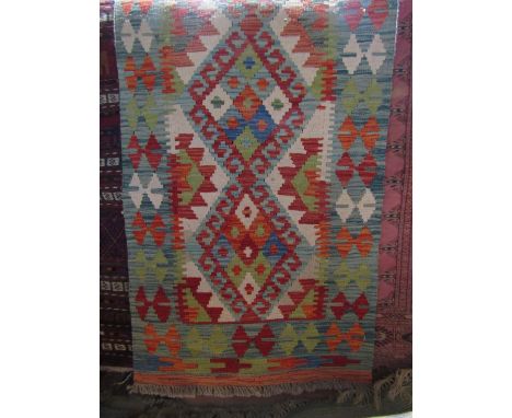 A flat weave kelim runner with diamond pattern repeating detail within running borders, 205 x 65 cm approx 