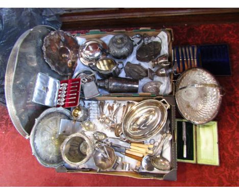 A quantity of plated wares including a large oval gallery tray, cocktail shaker, basket of oval form, salver, a mesh evening 