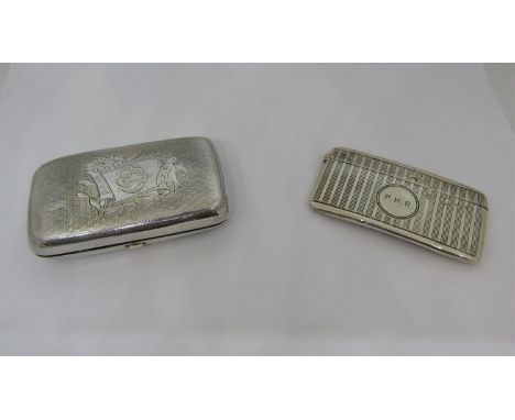 A silver card case of convex form with engine turned detail, Chester 1908, together with a 19th century continental plated sm