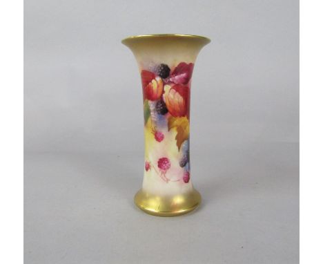 A Royal Worcester vase of cylindrical form with flared neck, with painted decoration of blackberries and brambles by Kitty Bl