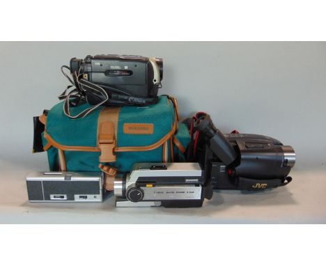 A JVC compact VHS Optical 22x video camera and a Canon UC6000 8mm video camcorder with accessories 