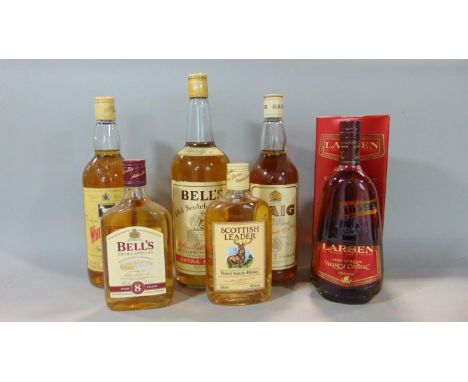 A collection of Whiskey including Bells Old Scotch Whiskey, 40 fl oz, 70%, White Horse Whiskey, 26 fl oz, 70% proof, John Hai
