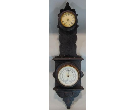 Black Forset type ebonised wall clock/barometer, 69cm high (af) 