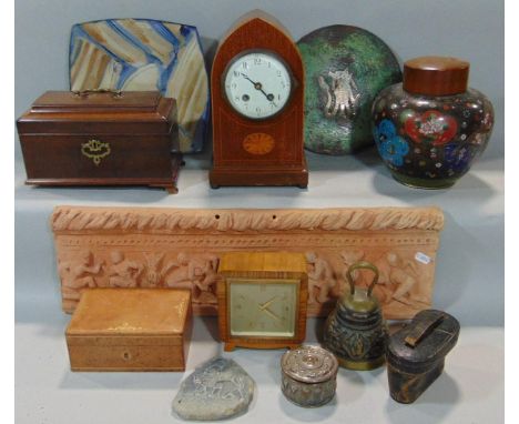 A miscellaneous collection including an Edwardian mahogany lancet mantel clock (quartz movement) and ovi-form cloisonné bowl 