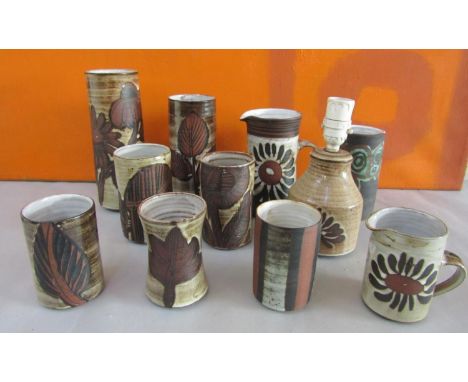 Briglin Pottery - A collection of studio pottery cylindrical vases of various sizes, together with two jugs and table lamp, t