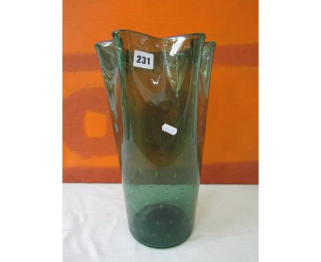 A large and impressive bubbled glass green floral vase with wavy rim possibly by Whitefriars, 41 cm high