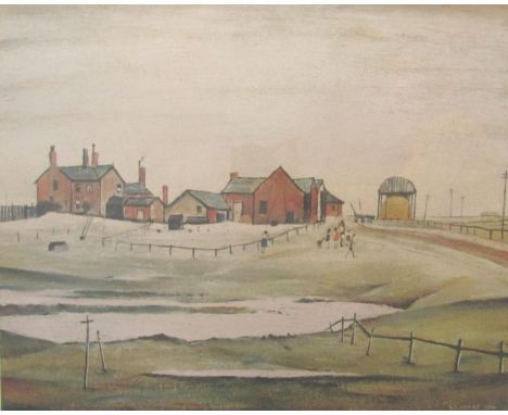 Laurence Stephen Lowry (1887 - 1976, British) - 'Landscape with Farm Buildings', signed, blind stamp seal, colour lithograph,