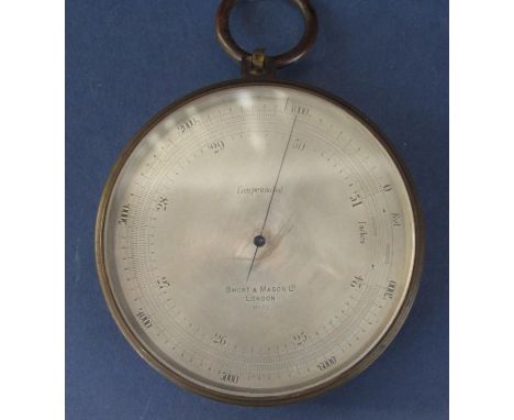 Short &amp; Mason compensated travelling barometer with silvered dial and brass casework 