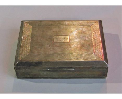 Walker and Hall engine turned silver cedar lined cigarette box, 12 cm wide (underside of lid loose)