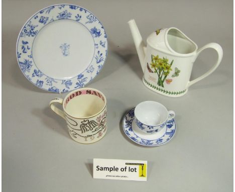 A collection of Portuguese blue and white printed dinner and teawares with floral detail including oval tureen and cover, tea