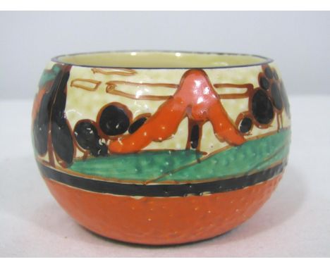 Clarice Cliff Orange Trees and House pattern textured preserve pot, 8cm diameter