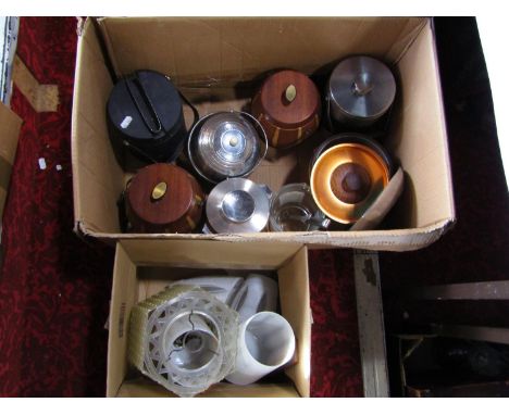 Seven mid-20th century ice buckets in teak stainless steel, etc, together with a small number of light shades 