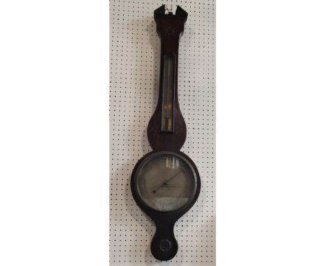 Antique barometer thermometer by Pozzi &amp; Co, silvered back plate, the case inlaid with shell and flowers, 100cm approx 
