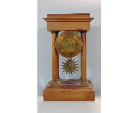 Unusual 19th century portico mantel clock by French Royal Exchange London, the brass dial with open escapement upon a typical