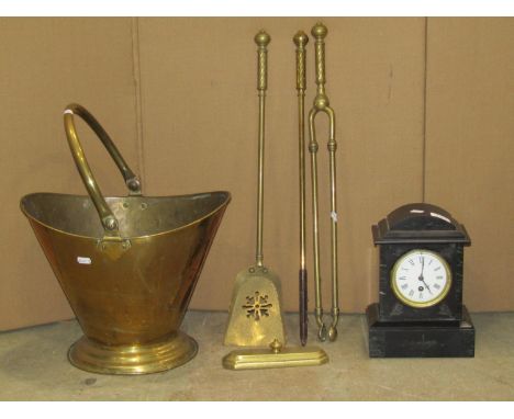 A Victorian black slate and marble domed top mantle clock, the circular enamelled dial with Roman numerals, 26 cm high, toget