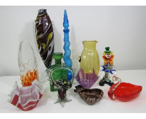 Mixed collection of modern studio glass wares comprising a Murano glass fish, clown and basket, together with two handkerchie