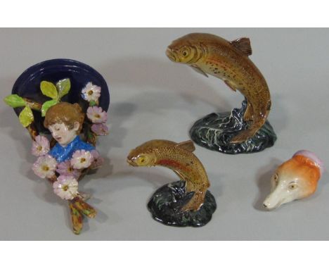 Two Beswick models of leaping trout, 1032 and 1390, (smaller one af) together with a 19th century majolica wall bracket with 