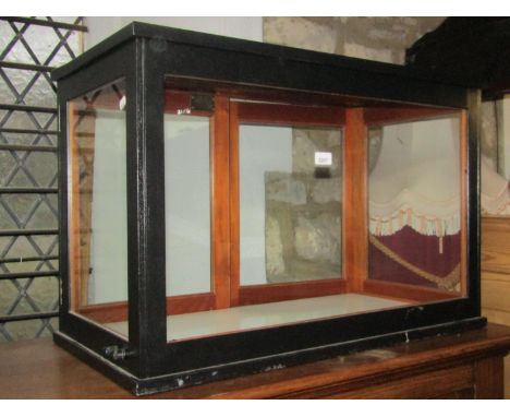 A vintage counter top display case/cabinet with ebonised frame, glazed panels and enclosed by two doors, (possibly ex-laborat