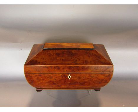 A Regency burr/yew wood sarcophagus shaped tea caddy with segmented interior, raised on bun feet 