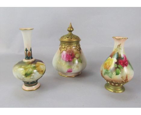 A collection of Royal Worcester wares, all with painted rose decoration comprising a vase with pierced cover, with gilt strap