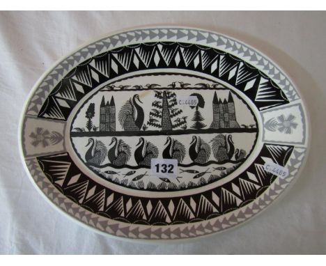 Scottie Wilson for Royal Worcester Crown ware, ceramic oval platter, with geometric decoration of swans and fish, 33cm long