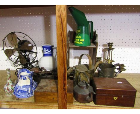 A collection of miscellaneous items including a vintage electric fan, 19th century brass jam pan with turned handle, copper c