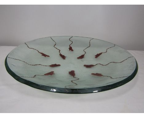 Mid-20th century Australian school - Large and heavy thick glass dish, decorated with obscure abstract flying creatures leavi