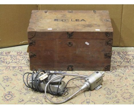 A small vintage stained pine and light steel reinforced chest with hinged lid and shallow box compartment to interior, togeth