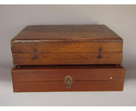 Two vintage oak cased backgammon sets with large playing pieces in boxwood and ebony (5cm diameter) 