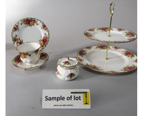 A collection of Royal Albert Old Country Roses pattern wares comprising a two tier cake stand, further cake stand, teapot, mi