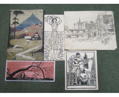 John Leith Craxton (1922-2009) - Woodblock Christmas card for 1958, woman arms raised by the sea, signed to interior, contain