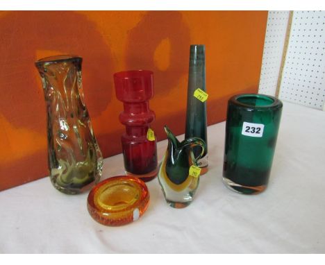 Collection of Whitefriars and other glassware, comprising citrine glass vase, a green glass vase, a bubbled ash tray together