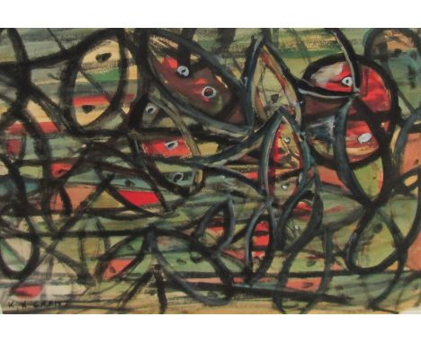 K* N* Grant (possibly Keith Grant 20th century) - Abstract study with geometric oval decoration with red and gouache highligh