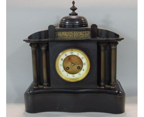 19th century black slate architectural mantle clock with two train movement and four pillar case, 40cm high 