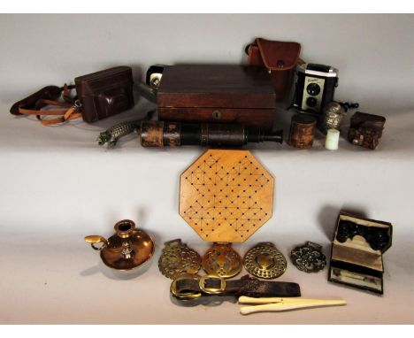 A miscellaneous collection including a rosewood box, sundry coinage, military telescope, sundry cameras, including a Coronet 
