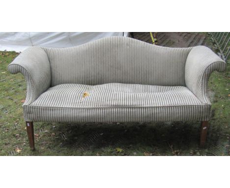 A Georgian style camelback sofa, with scrolled arms and square tapered forelegs (for re-upholstery), 176cm wide x 70cm deep x