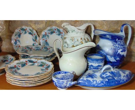 A collection of 19th century Davenport Holly pattern dessert wares comprising three shaped serving dishes and nine plates, wi